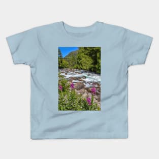 USA. Alaska. Wild River with Flowers in foreground. Kids T-Shirt